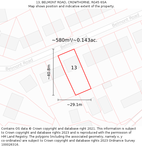 13, BELMONT ROAD, CROWTHORNE, RG45 6SA: Plot and title map