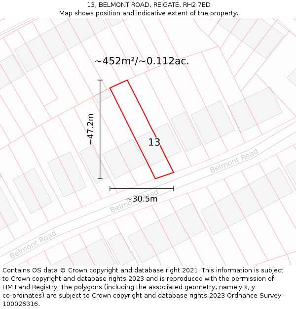 13, BELMONT ROAD, REIGATE, RH2 7ED: Plot and title map