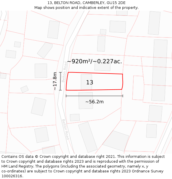13, BELTON ROAD, CAMBERLEY, GU15 2DE: Plot and title map