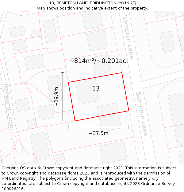 13, BEMPTON LANE, BRIDLINGTON, YO16 7EJ: Plot and title map