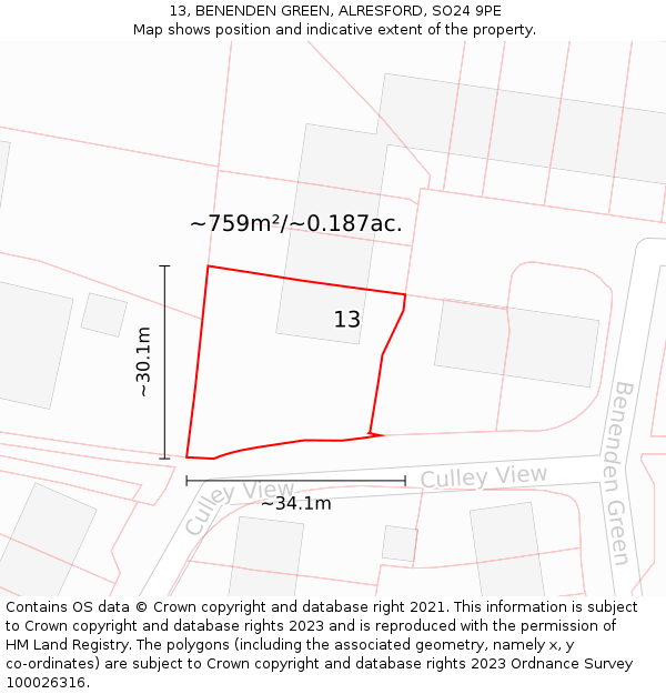 13, BENENDEN GREEN, ALRESFORD, SO24 9PE: Plot and title map