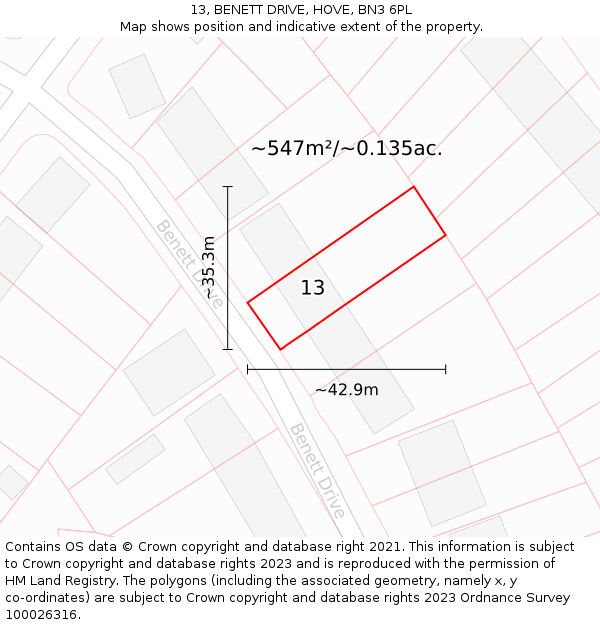 13, BENETT DRIVE, HOVE, BN3 6PL: Plot and title map