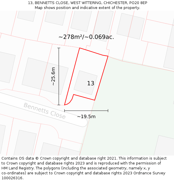 13, BENNETTS CLOSE, WEST WITTERING, CHICHESTER, PO20 8EP: Plot and title map