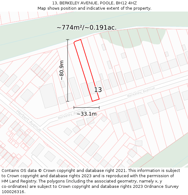 13, BERKELEY AVENUE, POOLE, BH12 4HZ: Plot and title map