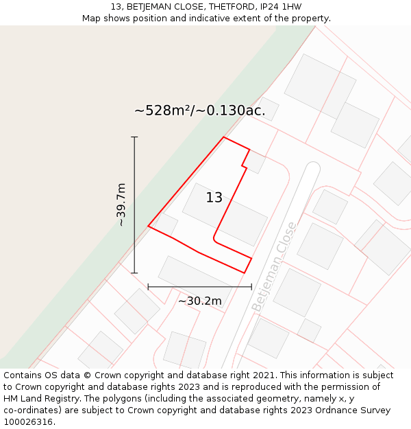 13, BETJEMAN CLOSE, THETFORD, IP24 1HW: Plot and title map