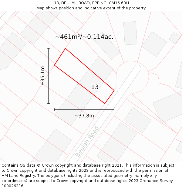 13, BEULAH ROAD, EPPING, CM16 6RH: Plot and title map