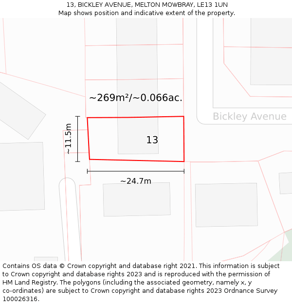 13, BICKLEY AVENUE, MELTON MOWBRAY, LE13 1UN: Plot and title map