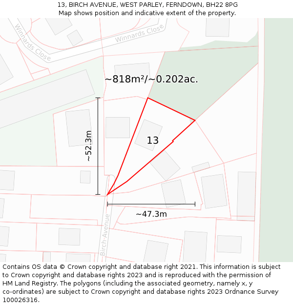 13, BIRCH AVENUE, WEST PARLEY, FERNDOWN, BH22 8PG: Plot and title map