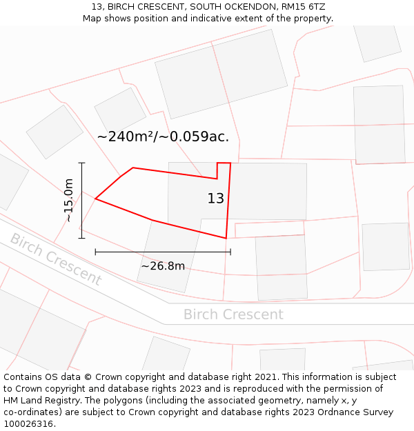 13, BIRCH CRESCENT, SOUTH OCKENDON, RM15 6TZ: Plot and title map