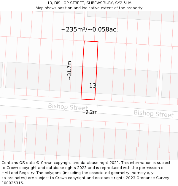 13, BISHOP STREET, SHREWSBURY, SY2 5HA: Plot and title map