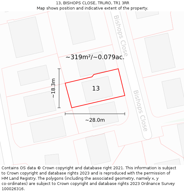 13, BISHOPS CLOSE, TRURO, TR1 3RR: Plot and title map