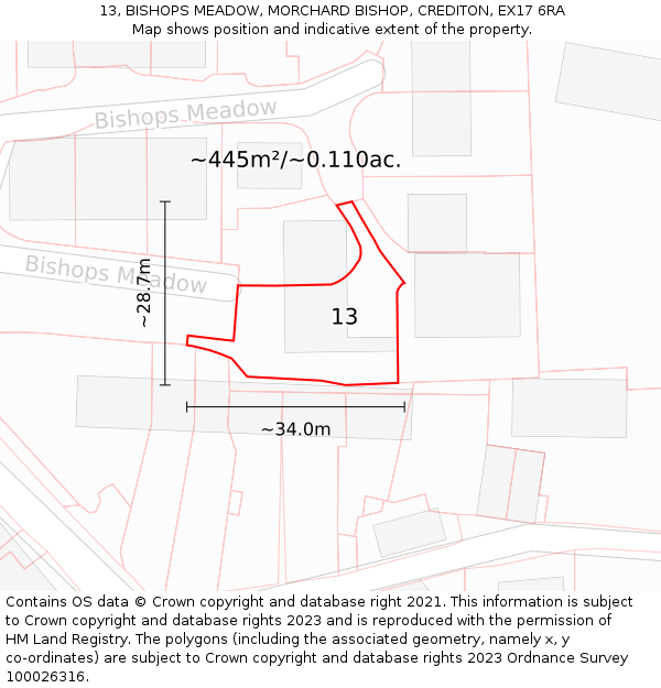 13, BISHOPS MEADOW, MORCHARD BISHOP, CREDITON, EX17 6RA: Plot and title map