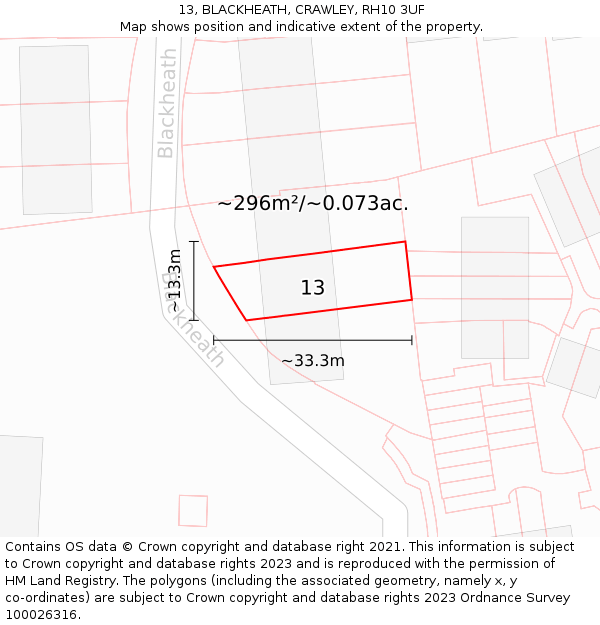 13, BLACKHEATH, CRAWLEY, RH10 3UF: Plot and title map