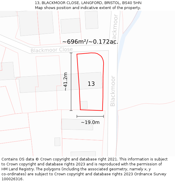 13, BLACKMOOR CLOSE, LANGFORD, BRISTOL, BS40 5HN: Plot and title map