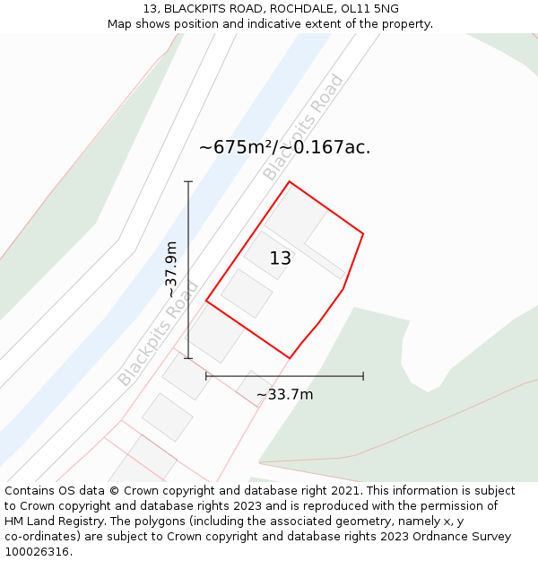 13, BLACKPITS ROAD, ROCHDALE, OL11 5NG: Plot and title map