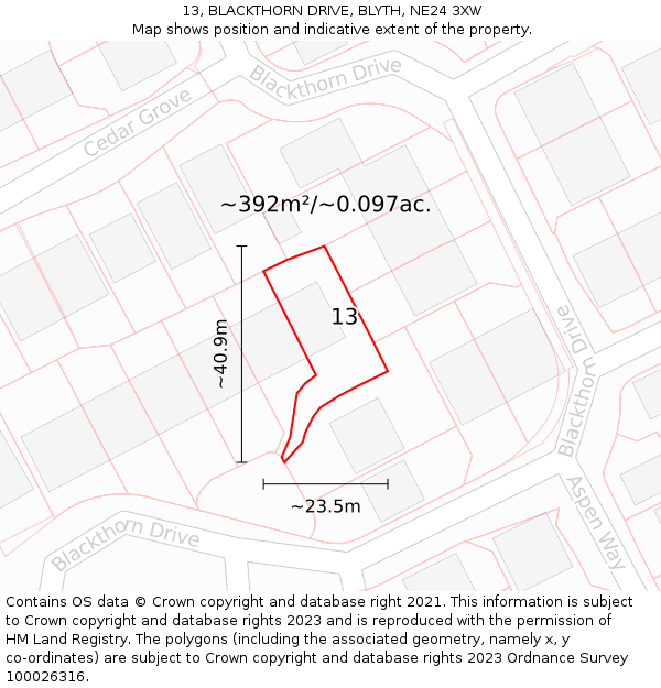 13, BLACKTHORN DRIVE, BLYTH, NE24 3XW: Plot and title map