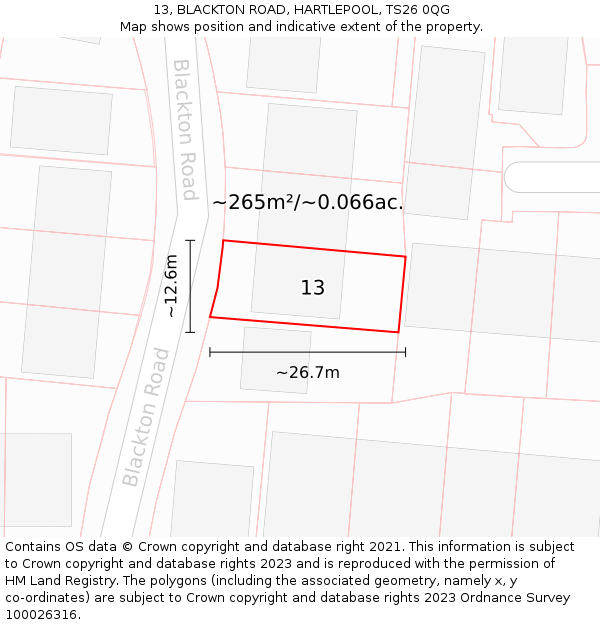 13, BLACKTON ROAD, HARTLEPOOL, TS26 0QG: Plot and title map