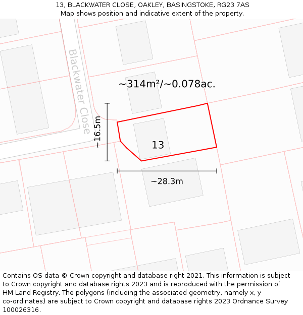 13, BLACKWATER CLOSE, OAKLEY, BASINGSTOKE, RG23 7AS: Plot and title map