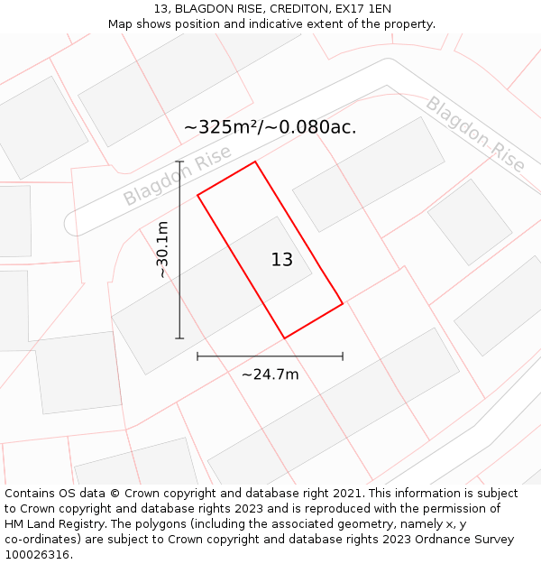 13, BLAGDON RISE, CREDITON, EX17 1EN: Plot and title map