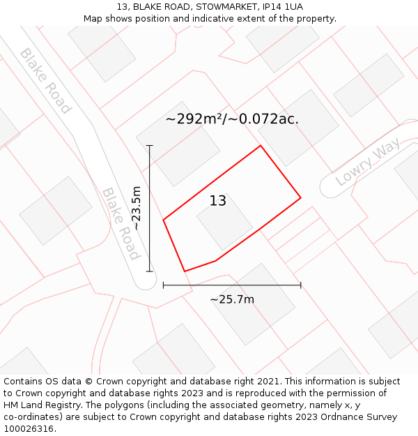 13, BLAKE ROAD, STOWMARKET, IP14 1UA: Plot and title map