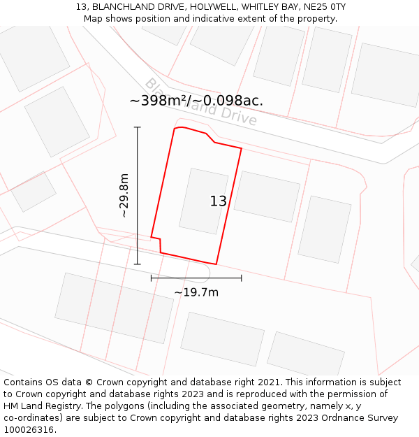 13, BLANCHLAND DRIVE, HOLYWELL, WHITLEY BAY, NE25 0TY: Plot and title map