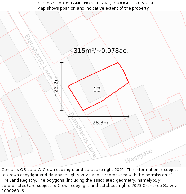 13, BLANSHARDS LANE, NORTH CAVE, BROUGH, HU15 2LN: Plot and title map