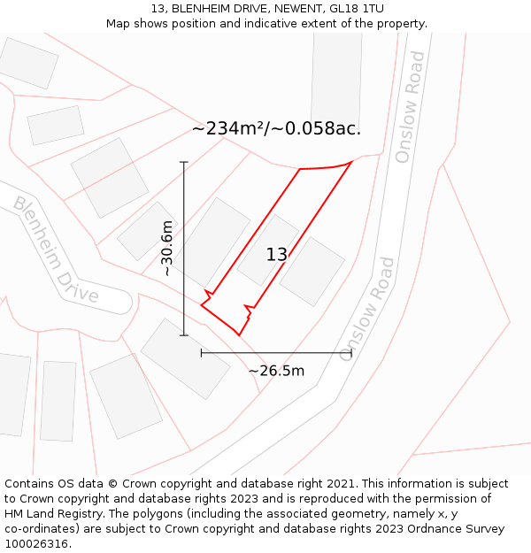 13, BLENHEIM DRIVE, NEWENT, GL18 1TU: Plot and title map