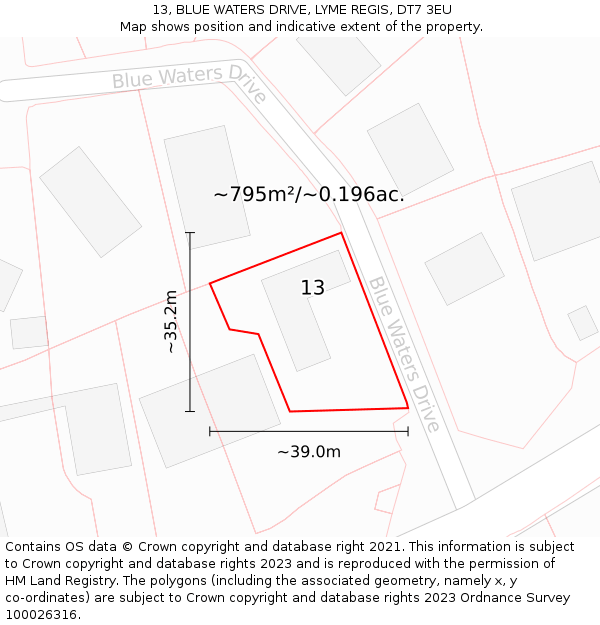 13, BLUE WATERS DRIVE, LYME REGIS, DT7 3EU: Plot and title map