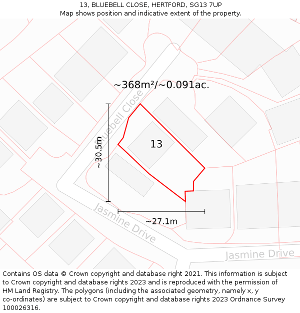 13, BLUEBELL CLOSE, HERTFORD, SG13 7UP: Plot and title map