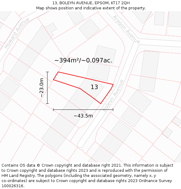 13, BOLEYN AVENUE, EPSOM, KT17 2QH: Plot and title map