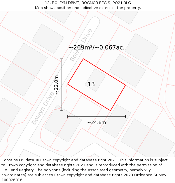 13, BOLEYN DRIVE, BOGNOR REGIS, PO21 3LG: Plot and title map