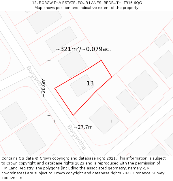 13, BORGWITHA ESTATE, FOUR LANES, REDRUTH, TR16 6QG: Plot and title map