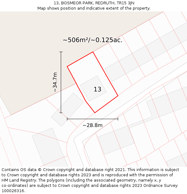 13, BOSMEOR PARK, REDRUTH, TR15 3JN: Plot and title map