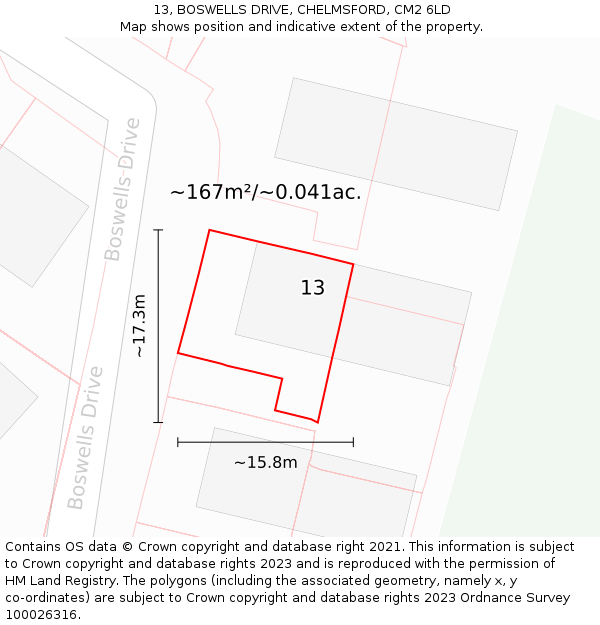 13, BOSWELLS DRIVE, CHELMSFORD, CM2 6LD: Plot and title map