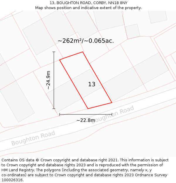 13, BOUGHTON ROAD, CORBY, NN18 8NY: Plot and title map