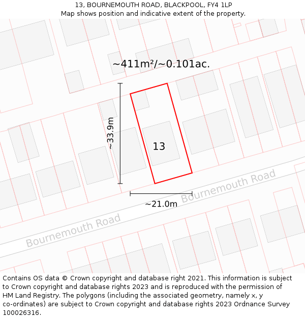 13, BOURNEMOUTH ROAD, BLACKPOOL, FY4 1LP: Plot and title map