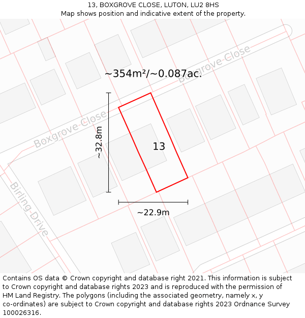 13, BOXGROVE CLOSE, LUTON, LU2 8HS: Plot and title map