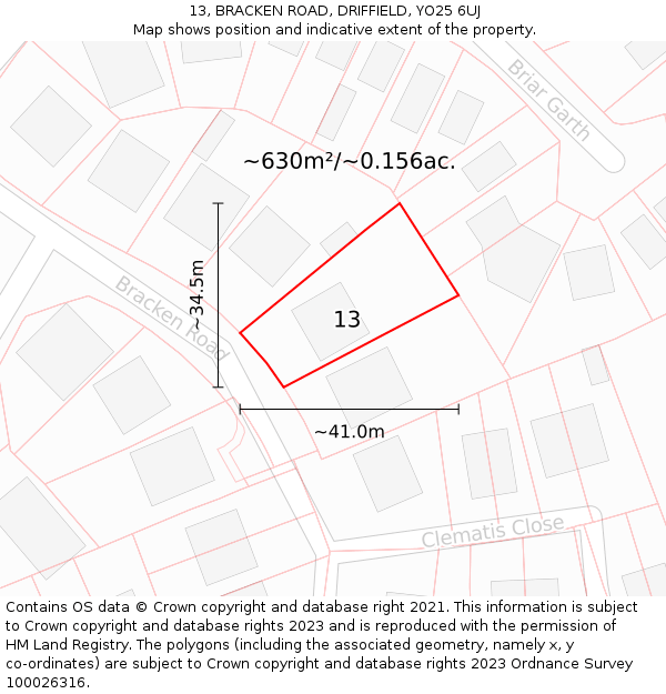 13, BRACKEN ROAD, DRIFFIELD, YO25 6UJ: Plot and title map