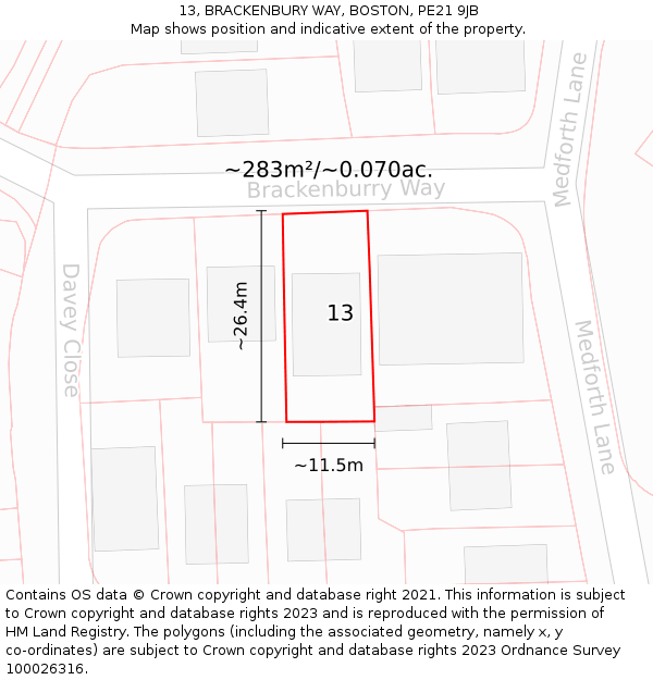 13, BRACKENBURY WAY, BOSTON, PE21 9JB: Plot and title map