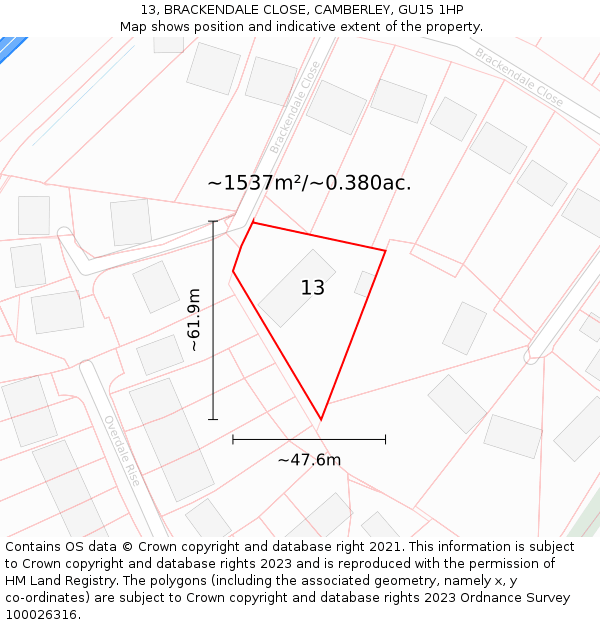 13, BRACKENDALE CLOSE, CAMBERLEY, GU15 1HP: Plot and title map