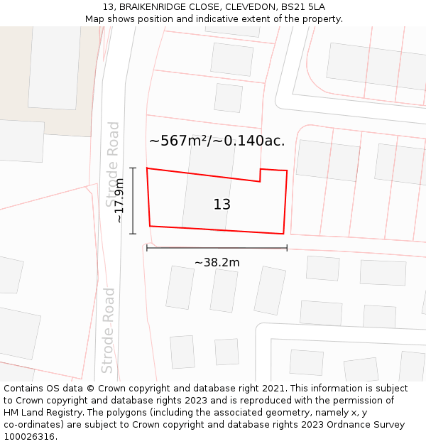 13, BRAIKENRIDGE CLOSE, CLEVEDON, BS21 5LA: Plot and title map