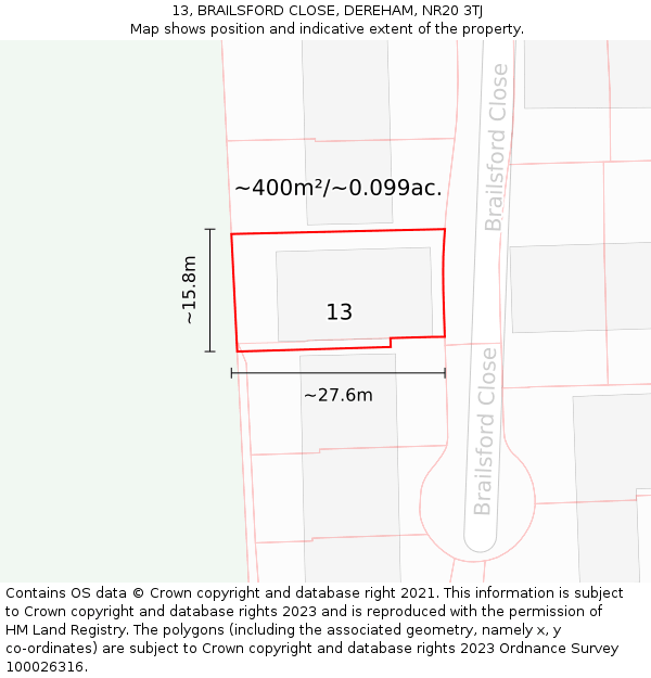 13, BRAILSFORD CLOSE, DEREHAM, NR20 3TJ: Plot and title map