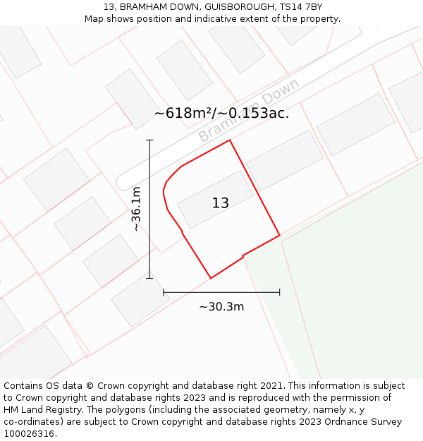 13, BRAMHAM DOWN, GUISBOROUGH, TS14 7BY: Plot and title map
