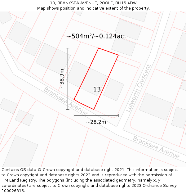 13, BRANKSEA AVENUE, POOLE, BH15 4DW: Plot and title map