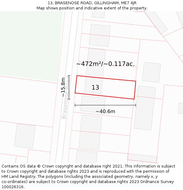 13, BRASENOSE ROAD, GILLINGHAM, ME7 4JR: Plot and title map