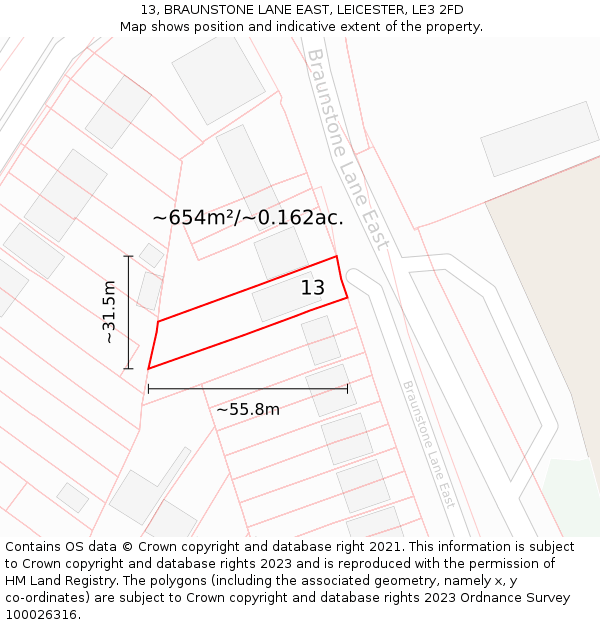13, BRAUNSTONE LANE EAST, LEICESTER, LE3 2FD: Plot and title map