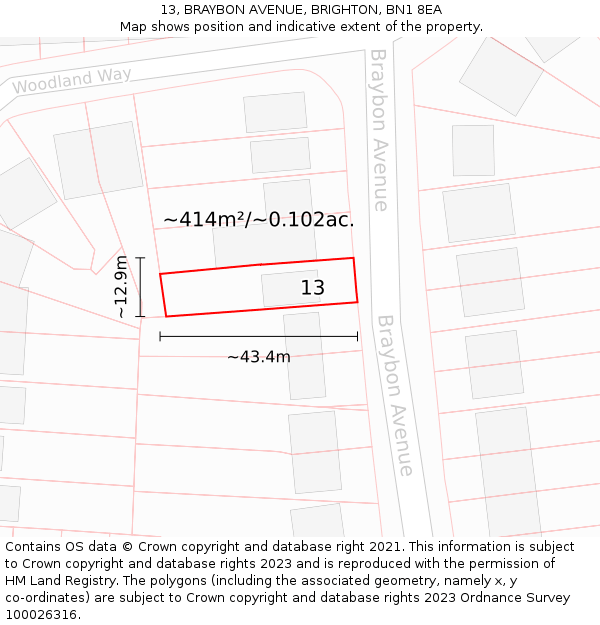 13, BRAYBON AVENUE, BRIGHTON, BN1 8EA: Plot and title map