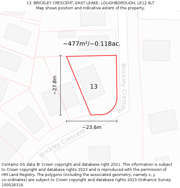 13, BRICKLEY CRESCENT, EAST LEAKE, LOUGHBOROUGH, LE12 6LT: Plot and title map