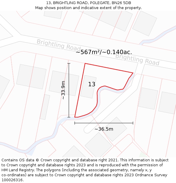 13, BRIGHTLING ROAD, POLEGATE, BN26 5DB: Plot and title map