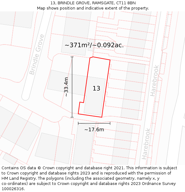 13, BRINDLE GROVE, RAMSGATE, CT11 8BN: Plot and title map